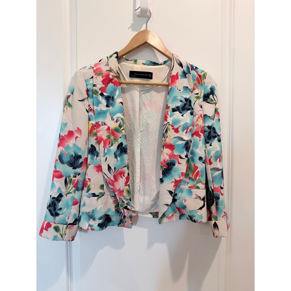Zara Woman Floral Print Open Front Blazer Jacket White Pink Blue Small